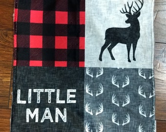 Baby Boy Minky Lovey Blanket- Lumberjack, Woodland, Buck, Dear,  Antler, Little Man, Black Red Check, baby boy lovey