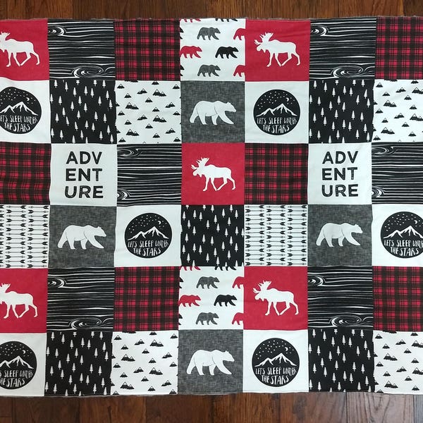 Baby Boy Minky Blanket- Woodland Moose Bear Buffalo Plaid Lodge Black Red baby boy blanket baby boy minky blanket minkee blanket