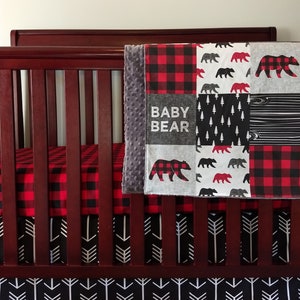 Baby Bear Red Black Buffalo Plaid-Fitted Crib Sheet,Skirt, and Minky Blanket-Bear Trees Wood Grain-3 Piece Set Custom Baby Boy Bedding