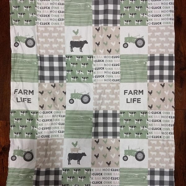 Baby Boy Minky Blanket- Farm Tractor Cows Horses Chicken Pigs Farm Life  Plaid Woodgrain - Sage, Tan, Brown, Gray baby Boy patchwork blanket