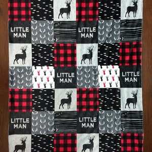 Baby Boy Minky Blanket- Woodland  Buck Lumber Jack Little Man Buffalo Plaid Antler Hunter Black Red baby boy whole cloth minky blanket