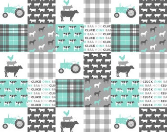 Baby Boy Minky Blanket- Farm Tractor Cows Horses Chicken Pigs Farm life - Aqua Blue Gray Grey baby boy patchwork blanket