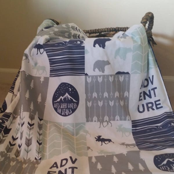 Baby Boy Navy Mint Gray Adventure Minky Blanket- Woodland Moose Bear Arrow Adventure Lodge baby Boy patchwork blanket minkee blanket