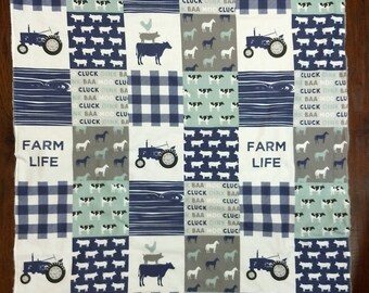 Baby Boy Minky Blanket- Farm Tractor Cows Horses Chicken Pigs Farm Life  Plaid Woodgrain - dust blue navy gray baby Boy patchwork blanket