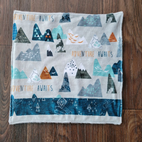 Baby Boy Minky Lovey Blanket- Navy Gray Rust Aqua - Adventure Awaits Mountains baby boy lovey