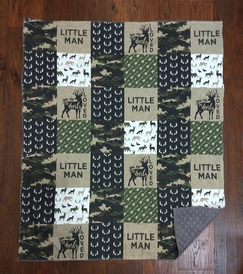 Baby Boy Minky Blanket So Dearly Loved Camo Buck Little Man Antler Hunter Green Brown baby boy whole cloth minky blanket minkee blanket image 4