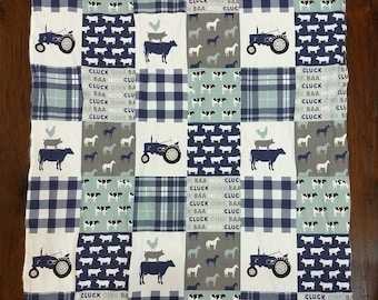 Baby Boy Minky Blanket- Farm Tractor Cows Horses Chicken Pigs Farm Life  Plaid Woodgrain - dust blue navy gray baby Boy patchwork blanket