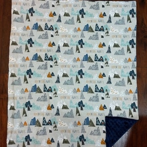 Adventure Mountain Woodland baby blanket - Navy aqua mint rust charcoal- minky blanket minkee blanket