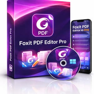 May include: A product box, a CD, and a smartphone are displayed. The box and CD feature the "Foxit PDF Editor Pro" logo. The smartphone screen displays "Foxit PDF Editor io PRO". The color scheme is purple and white.