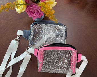 Finished Alpen Belt Bag, Bum Bag, Fanny Pack, Crossbody Bag, Clear Vinyl Glitter Stars, Pink, Chambray Belt Bag, Concert Bag