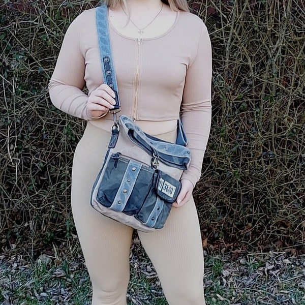 Crossbody, beige tas, grote schoudertas, handvattas, katoenen tas, canvas tas, vintage tas, retro