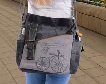 Handbag women's shoulder bag made of canvas & leather. Vintage style bag with a bicycle motif. Crossbody Bag-Large capacity with multiple compartments