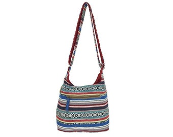 Dames schoudertas. Geweven katoenen hobo tas met verstelbare hengsels. Crossbody schoudertas met strepen, veganistische tas