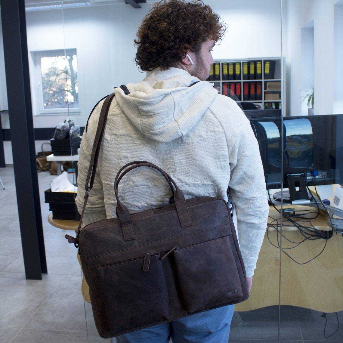 Men Leather Business Bag Laptop Bag 16inch Notebook Etsy