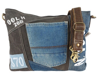 Damen Tasche Umhängetasche Handtasche, kleine nachhaltige Bag aus recycelter Jeans und Canvas, Vintage Design Teenager Taschen praktische