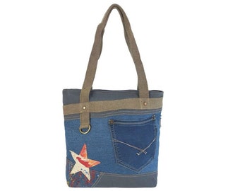 Sac à main femme Sunsa. Acheteurs durables dans un style rétro vintage. Sac bandoulière fabriqué à partir de jeans recyclés. sac végétalien comme cadeau pour elle