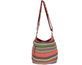 Ladies shoulder bag. Woven cotton hobo bag with adjustable handles. Crossbody shoulder bag with stripes, vegan bag