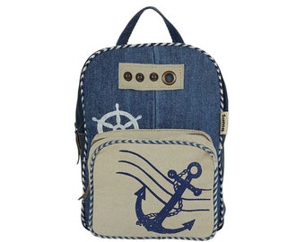 Ladies backpack. Sustainable daypack, leisure backpack Maritime motif. Recycled jeans backpack with anchor print for sea lovers