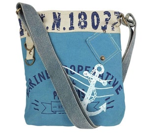 blue shoulder bag with anchor print design. Maritime style crossbody bag. Vegan crossover women's bag. Gift idea for sea lovers