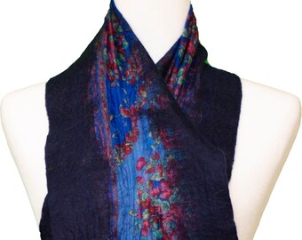 Dark Blue Silk Scarf Hand Felted with Wool - Unique Christmas Gifts for Women - Unique Gifts for Friends - Free Gift Wrap