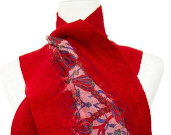 Red Silk and Wool Scarf - Silk Scarf with Wool Felting - Silk Felted Scarf - Special Gifts for Women - Unique Christmas Gifts