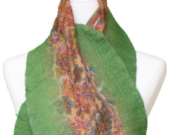 Green Silk Scarf Hand Felted with Wool - Nuno Felted Scarf - Special Gifts for Women - Hand made Felt - Free Gift Wrap