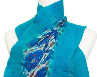 Blue Silk Scarf Hand Felted with Wool - Unique Christmas Gifts for Women - Unique Gifts for Friends - Unique Gifts - Free Gift Wrap