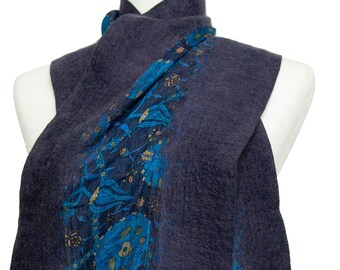 Dark Blue Silk Scarf Hand Felted with Wool - Unique Christmas Gifts for Women - Unique Gifts for Friends - Free Gift Wrap