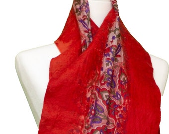 Red Floral Silk and Wool Scarf - Silk Scarf with Wool Felting - Silk Felted Scarf - Special Gifts for Women - Unique Christmas Gifts