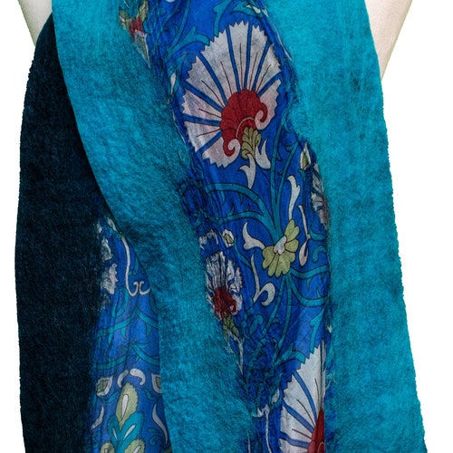 Dark Blue and Light Blue Silk Scarf Hand Felted with buy Wool - Unique Christmas Gifts for Women - Unique Gifts for Friends - Free Gift Wrap