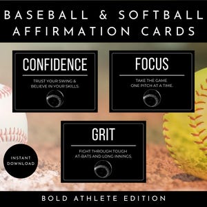 Op de afbeelding: Zwarte affirmatiekaarten voor honkbal en softbal met witte tekst. De kaarten zeggen "Vertrouwen", "Focus" en "Grit". Elke kaart heeft een honkbalafbeelding. De woorden "Direct downloaden" zijn ook zichtbaar.