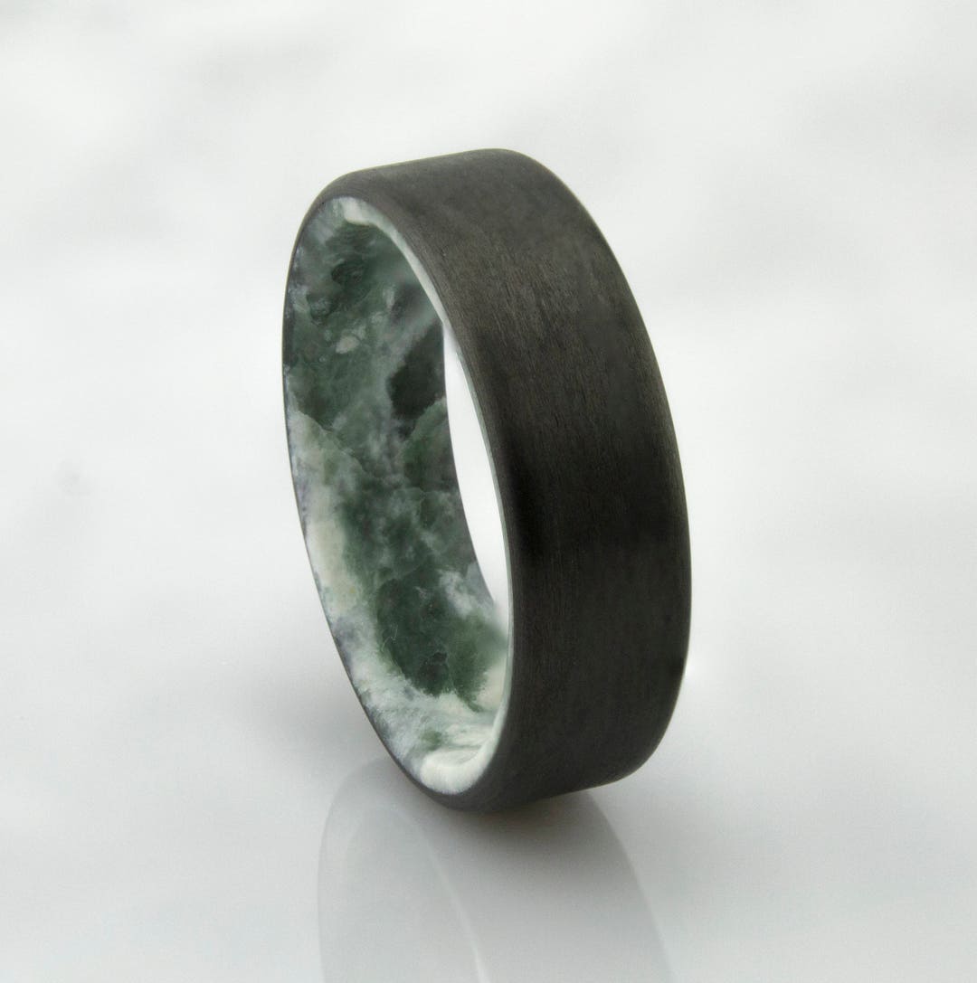 Carbon Fiber Ring With Real Natural Green Quartzite, Men's Wedding Band, Wedding Ring, Black