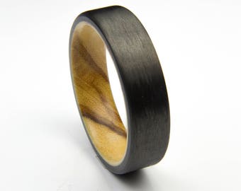 Carbon Fiber Ring With Olive Wood liner, Wedding Ring, Black Ring, Men's Wedding Band, Gift For Him, Gift For Her