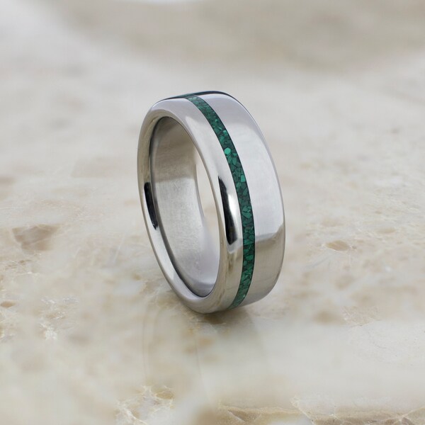 Handmade Titanium Ring with Malachite Inlay - US Crafted Wedding Band