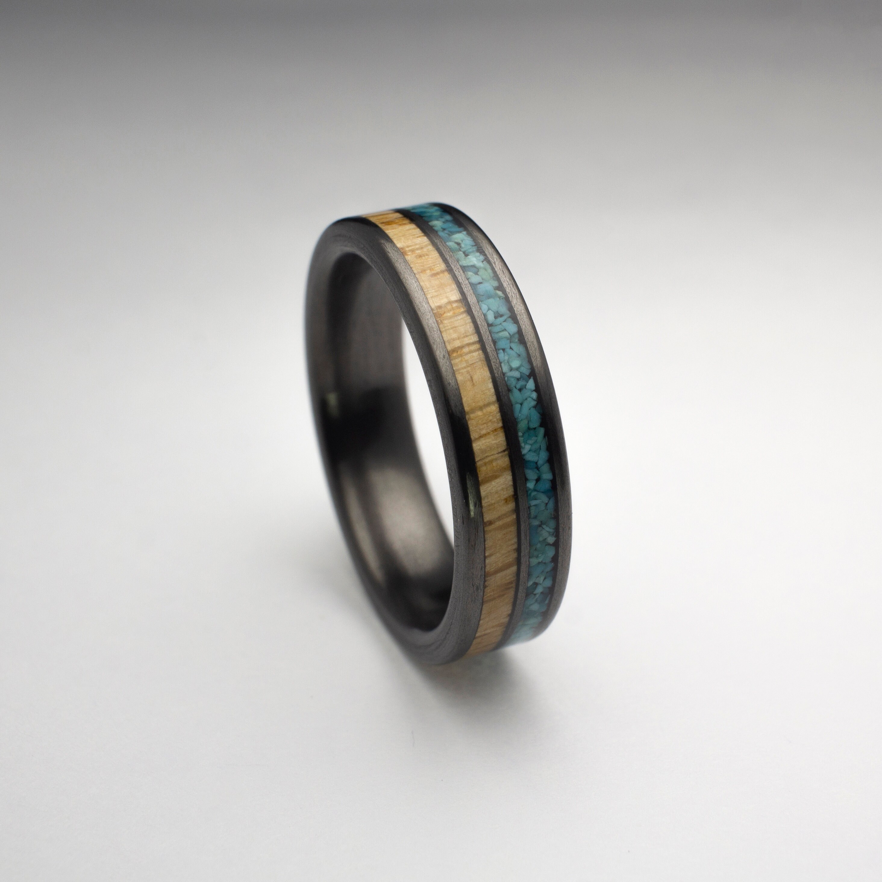 Carbon Fiber Ring, Oak wood, Turquoise, Men�s Ring, Black