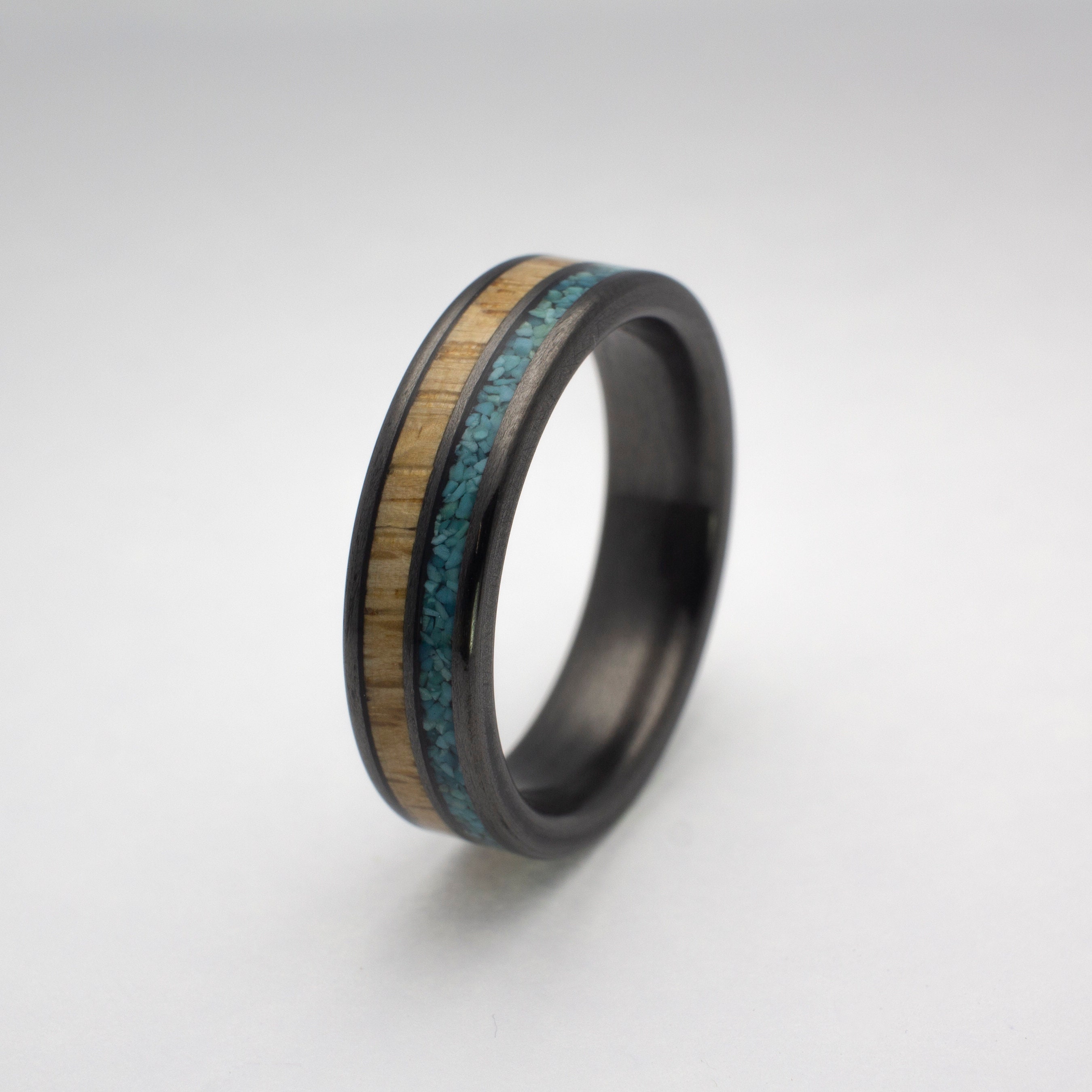 Carbon Fiber Ring, Oak wood, Turquoise, Men�s Ring, Black