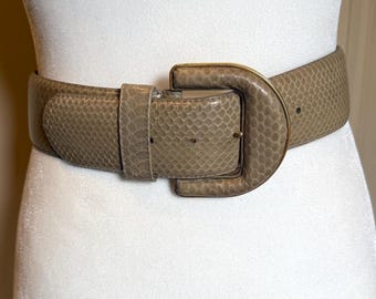 Vintage Taupe Snakeskin Belt Liz Claiborne | 1980s Wide Genuine Snake Skin | Neutral Gray Brown Exotic Leather Belt Made in Taiwan