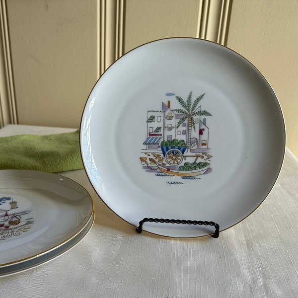 Riviera by Heinrich H & Co. Salad Plates Gold Trim Selb Bavaria Germany Italian Scenes Boats Set of Three