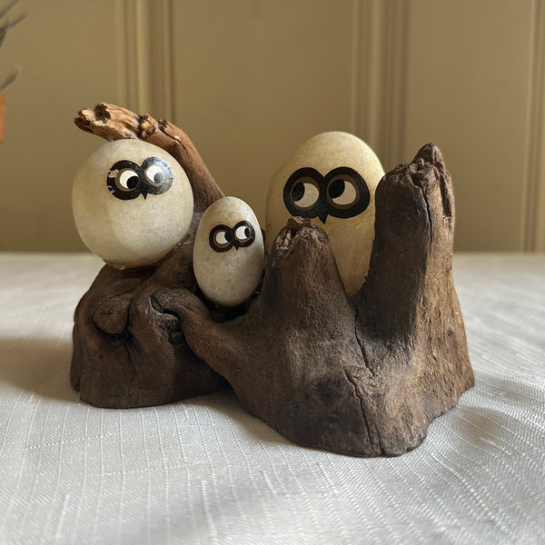 Vintage 70s Rock Owls on Driftwood Sculpture Hand Painted Owl Family