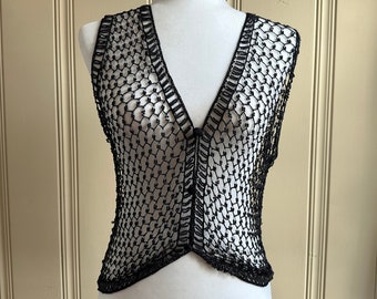 Vintage beaded netted crochet black vest top 70s 80s Party Disco Retro