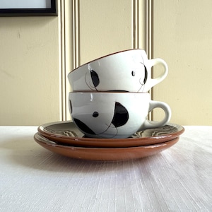 Set of 2 Stangl Lyric Flat Cups and Saucers | Rare Hard to Find MCM Sgraffito | Pattern 3940 | 2 1/8” Mid Century Modern Coffee Tea Set