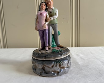 Vintage 70s Hippie Couple Rotating Music Box Love Story Music Japan Price Imports 1971 Retro Boho Decor MCM