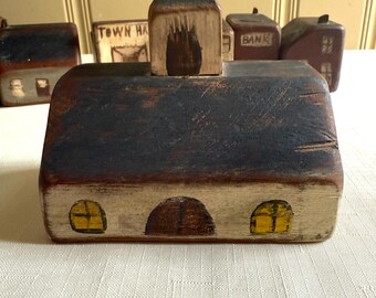 Vintage Wolf Creek Woodworking 7-Piece Toy Village Set Beaman Iowa Folk Art
