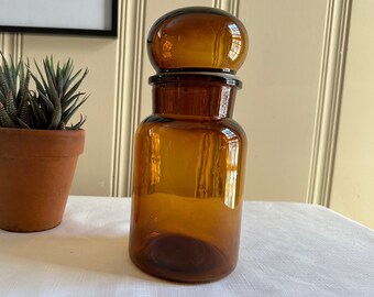 Belgian Glass Apothecary Jar Brown Amber Bubble Jar 9 inches Vintage MCM