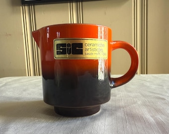Vintage SIC Italian Pottery Creamer with label - Mid Century Modern Orange & Brown Glaze - Scuola Italiana Ceramiche Casale Monferrato