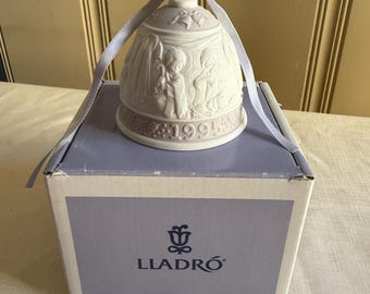 1995 Lladro Christmas Bell Ornament with Box, Retired Porcelain Bell #16206, Vintage Lavender Trim & Ribbon, Made in Spain
