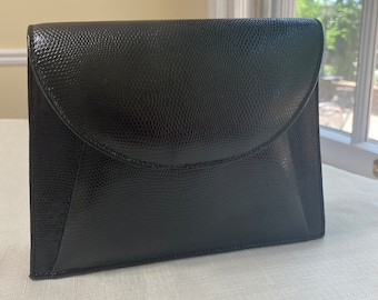 Black Leather Lorren Bell Purse Clutch with Gold Chain