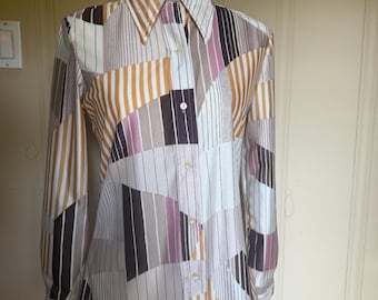 70s Loubella Disco Shirt Blouse Nylon Polyester Stripes Dagger Collar Vintage