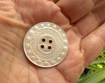 Antique Carved Mother of Pearl Button 32mm 1.25", Large Vintage 1900s Shell Spirograph Lattice Coat Button, Edwardian Sewing Collectible