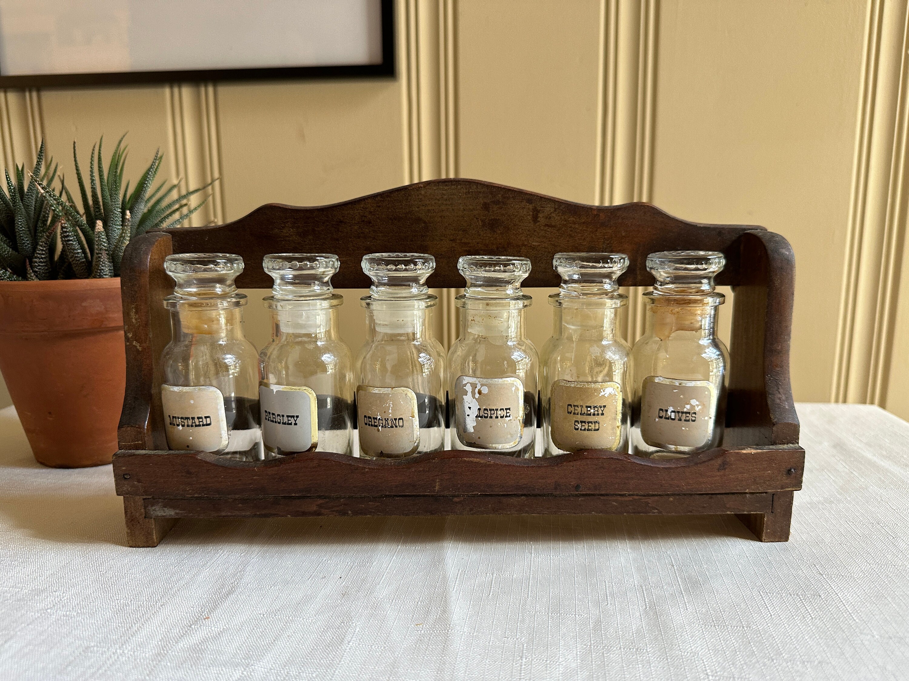 VINTAGE SPICE RACK WOOD GLASS JAPAN 12 BOTTLES LABELS 2 DRAWERS